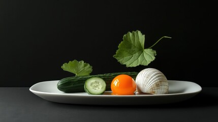 Minimalist still life photography of vegetables, including a cucumber and egg yolk on a white plate against a black background, with a green seashell