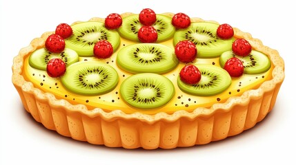 Isolated on white background, fruit tart with kiwi, berries and custard filling in golden pastry shell 