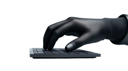 Gloved Hand on Keyboard Illustrating Cybersecurity on transparent background