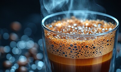 Closeup Of Steaming Coffee In A Glass Cup