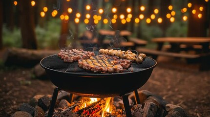 Grilled meat sizzling on barbecue in a forest setting, surrounded by glowing string lights, creating a warm and inviting atmosphere for outdoor gatherings and culinary enjoyment