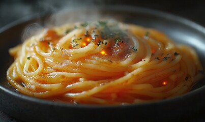 Closeup Of Steaming Pasta With Tomato Sauce On Dark Plate