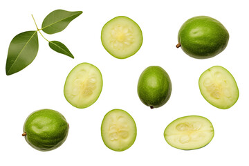 Feijoa fruits flat lay cutout on transparent background, top view.
