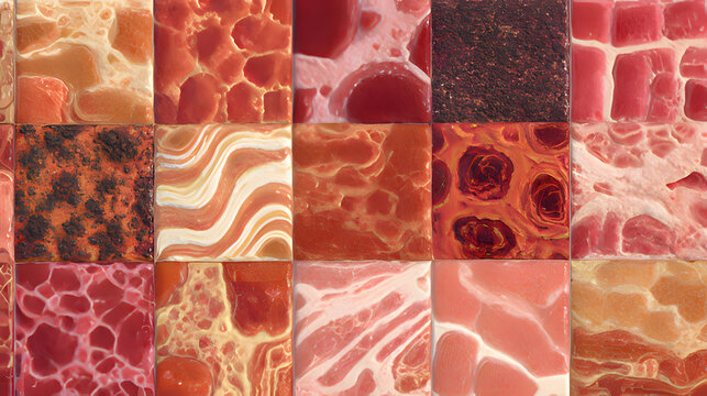 A fractal pattern of carcinogenic warning labels crafted from processed meat textures, forming an infinite loop.