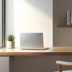 Sleek Silver Laptop on Minimalist Wooden Desk by Window