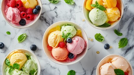 Refreshing summer fruit desserts on a marble table, vibrant colors, overhead shot, appetizing and fresh mood 