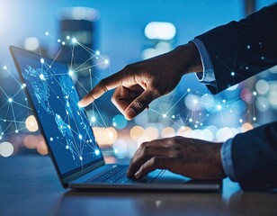 Businessman working on laptop at night