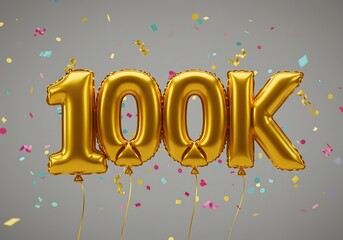 Golden 100k balloons with confetti celebration