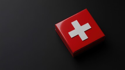 top view on a flat 3D render doctor's red box with white cross logo, black background 