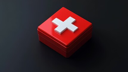 top view on a flat 3D render doctor's red box with white cross logo, black background 