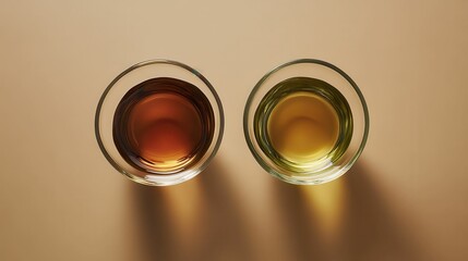 top-down view, two transparent glass tea cups placed side by side directly on brown background, 