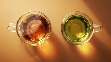 top-down view, two transparent glass tea cups placed side by side directly on brown background,