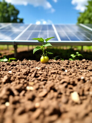 A young tomato plant emerges from the soil in the foreground, set against a backdrop of solar panels under a bright blue sky, symbolizing sustainable agriculture.