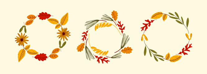 Wreaths with autumn leaves for wedding invitation, greeting cards, invitations, flyers, sales promotion, etc.