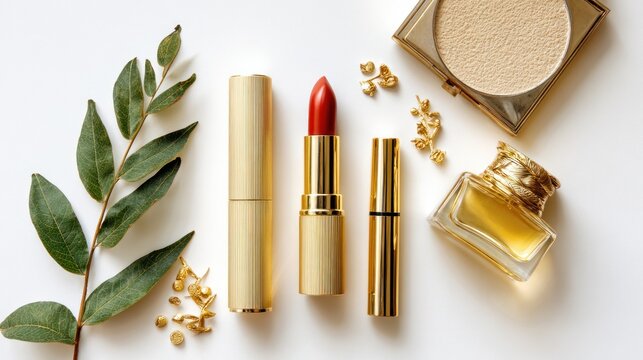 Golden makeup items on a white background