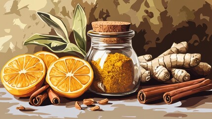 Turmeric, ginger and cinnamon on kitchen counter, warm evening light 