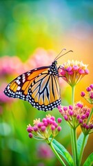 Obraz premium Colorful monarch butterfly perched on a milkweed flower in a garden