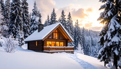 Snowy log cabin nestled in a winter forest at sunset