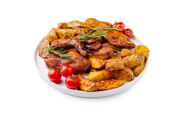 Delicious roasted chicken and potatoes with fresh tomatoes on a white plate