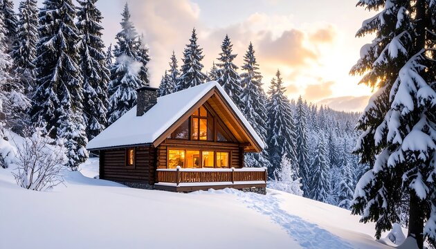 Snowy log cabin nestled in a winter forest at sunset
