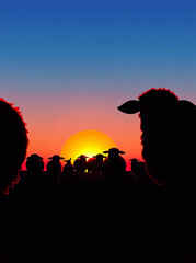 Silhouetted sheep against a vibrant sunset.