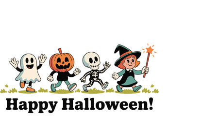 Cute Halloween Characters Vector Illustration &ndash; Ghost, Pumpkin, Skeleton, and Witch with Happy Halloween Text