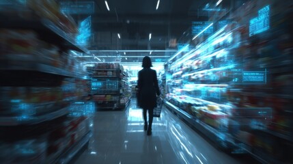 A futuristic grocery scene featuring a shopper immersed in a techenhanced aisle surrounded by floating digital labels and smart carts emphasizing convenience and efficiency in retail.