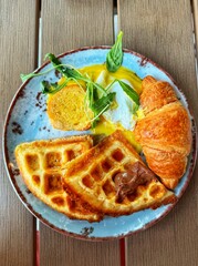 waffles, egg, croissant 
