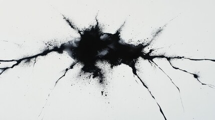 A close-up of a dramatic black ink blot spreading on white watercolor paper, ink trails blooming in all directions like veins, soft 