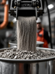 Industrial scene showcasing the pouring of fine sand-like material from a machinery hopper into a collection bin.