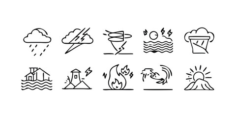 Disaster and Weather Hazard Line Icon Set Vector Illustration on transparent background Collection of minimalist icons representing natural disasters and weather related dangers perfect for