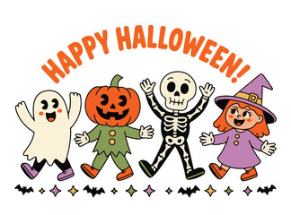 Cute Halloween Characters Vector Illustration – Ghost, Pumpkin, Skeleton, and Witch with Happy Halloween Text
