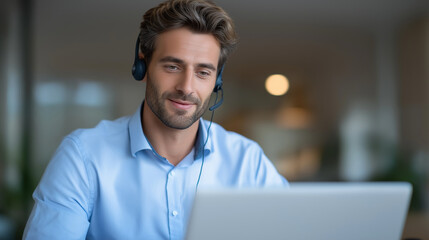 Fototapeta premium Efficient Multitasking at a Modern Standing Desk with Headset and Laptop