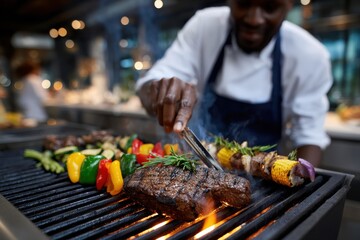 A talented chef passionately grilling colorful vegetables and steaks, bringing vibrant colors and rich flavors to life, symbolizing the joy of outdoor cooking and dining experiences.
