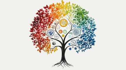 a tree of life with the four seasons and seven chakras, each sphere has an illustration representing that season or color, 