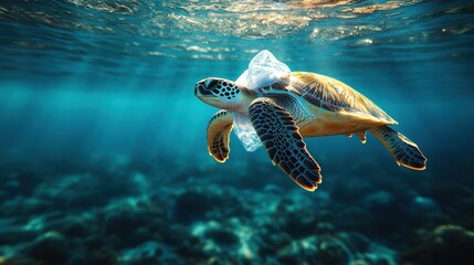 Sea turtle swims, entangled in plastic debris, underwater shot highlighting marine pollution's impact on wildlife
