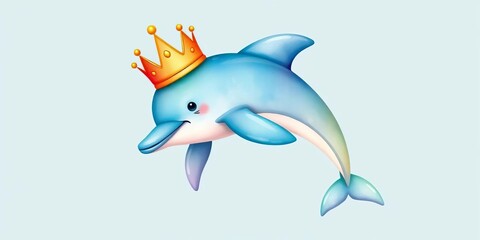 Whimsical watercolor dolphin wearing a crown against a light blue background,  design element,  crown