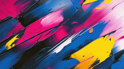 Bold and vibrant sketchbook cover, abstract paint splashes in neon pink, electric blue, and bright yellow, 