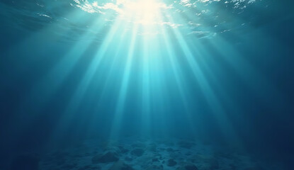 Obraz premium underwater, deep sea, sun rays, shafts of light, underwater landscape, tranquil, serene, calm, blue tones, photorealistic, 4K and HD image