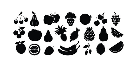 Food and Fruits Glyph Icon Set Vector Pictograms of Basic Foods Fruits and Healthy Eating Elements on Transparent Background collection glyph icons representing various foods