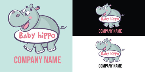Vector art of a delightful baby hippo logo with a playful sign, ideal for a company targeting young audiences