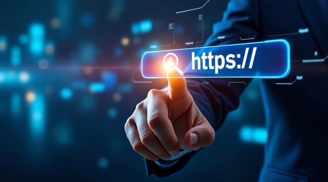 Person touching https search bar with glowing icon on digital screen internet website