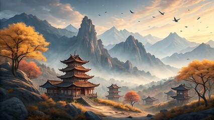 Fototapeta premium Serene japanese landscape featuring pagoda buildings mountains and autumn foliage with birds