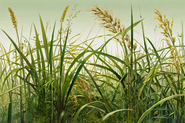 Fototapeta premium Lush green reeds and golden seed heads in soft light grass