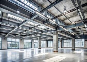 Obraz premium High ceiling with exposed ductwork and metal beams in a modern concrete building interior