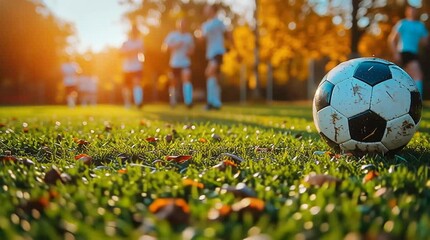 Close-up view of a soccer ball resting on vibrant green grass during sunset, with warm sunlight illuminating the scene and blurred players in the background, capturing the essence of outdoor sports - Powered by Adobe