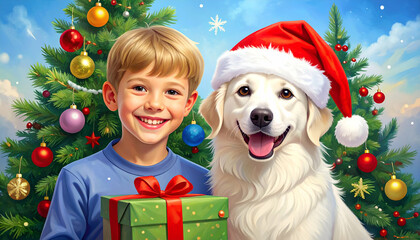 Boy with dog, Christmas gift, and winter scene.