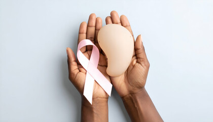 Breast implant with pink ribbon, and hands.