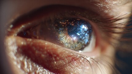 Extreme closeup of a human eye reflecting a starry night sky