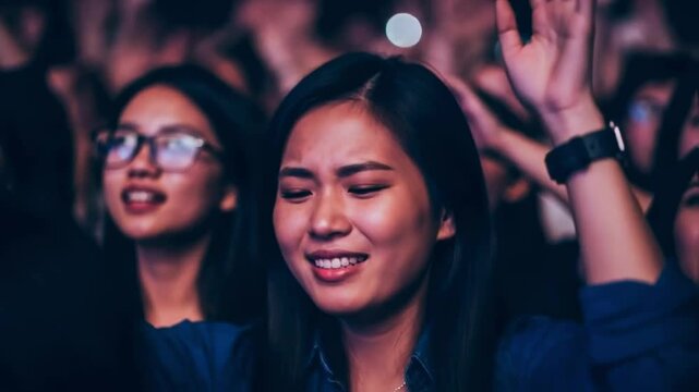An emotional young woman with hands raised sings in a crowd at a music festival or concert, capturing a moment of worship, spiritual connection and community engagement